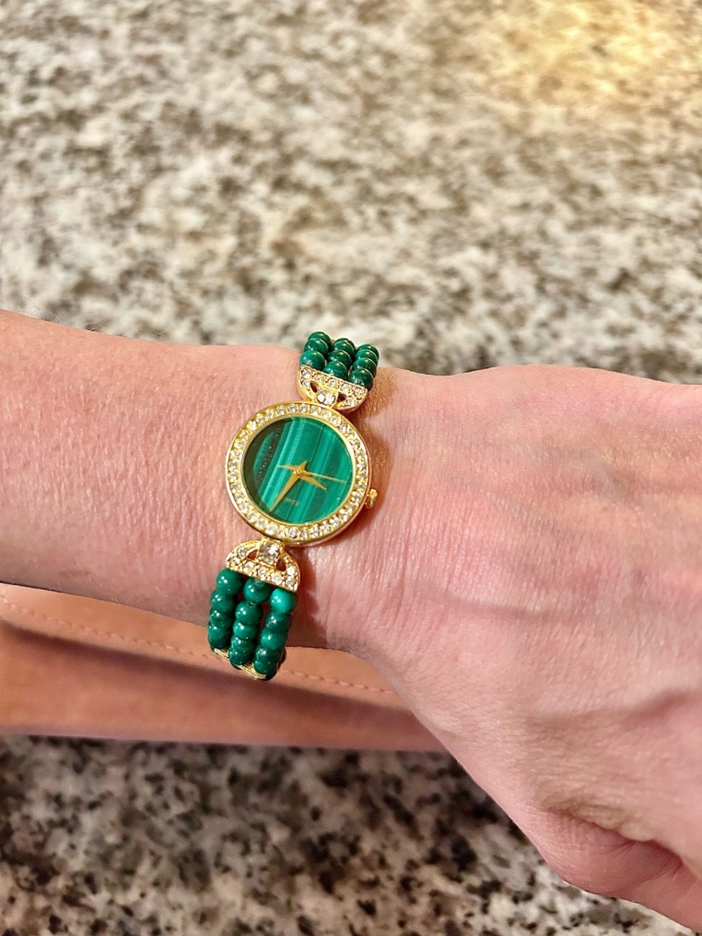 Green Malachite Beaded Bracelet Watch with Gold & Crystal Accents
